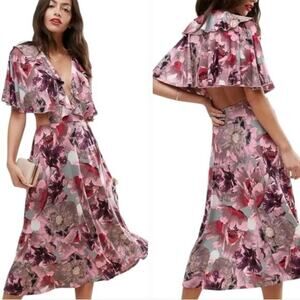 ASOS Floral Ruffle V Neck Midi Wrap Dress Women US Size 4 Pink Purple
